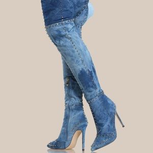 Over the Knee Boots-Studded Denim